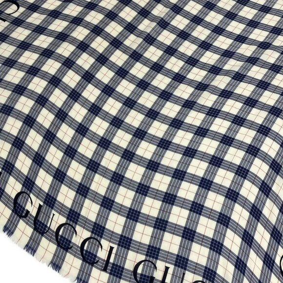 Auth GUCCI - Navy White Bordeaux Wool Scarf - Picture 6 of 10